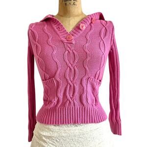 Pink Cable Knit Quater Button Hooded Sweater Preppy Y2K Size XS